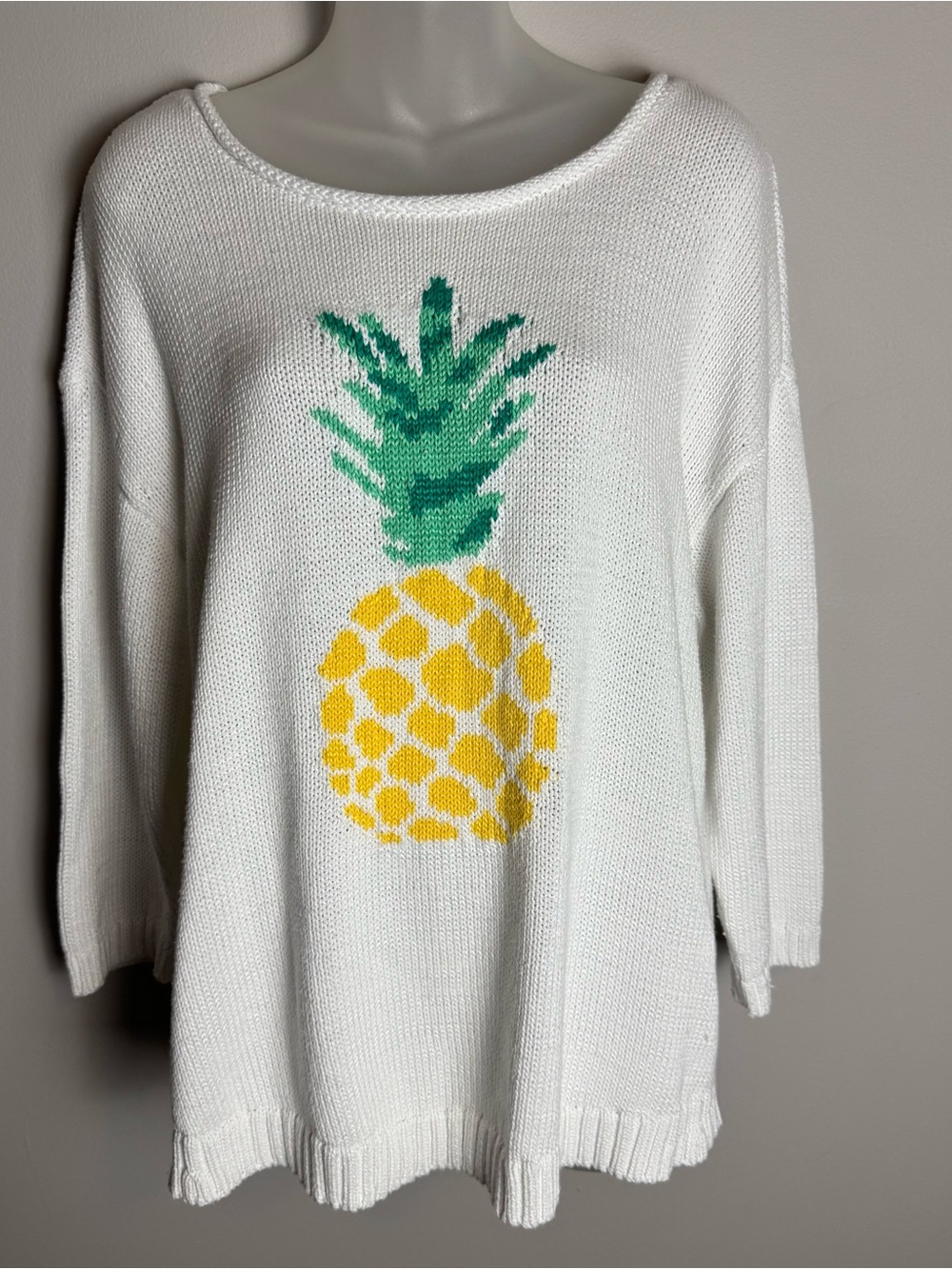 Talbots Light Weight White Pineapple Print Scoop Neck Sweater Size XL